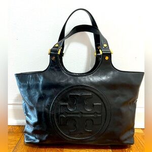 Black textured leather Tory Burch Bombe Tote